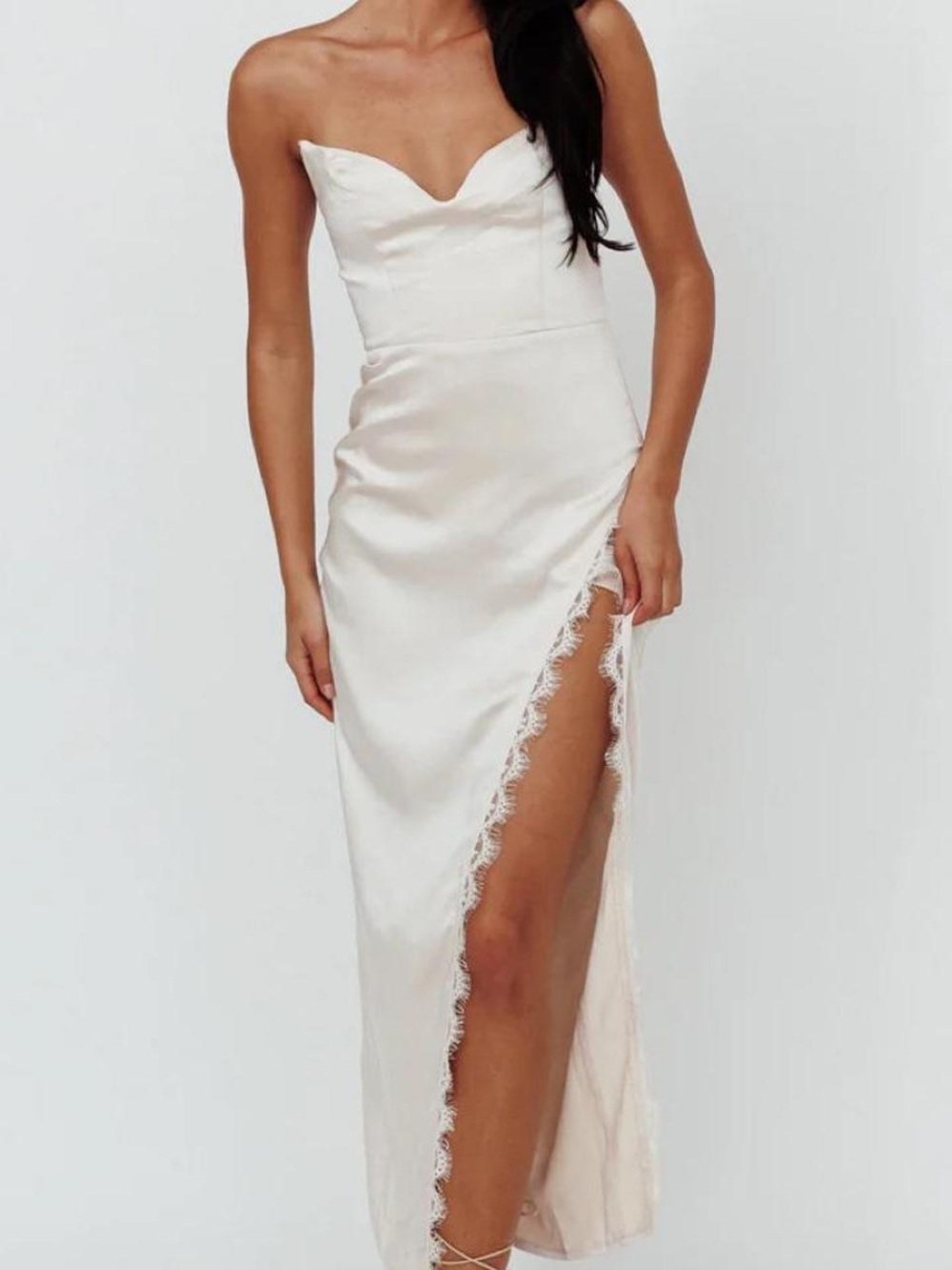 Selfie Leslie  Strapless Ivory Satin Slit Gown
